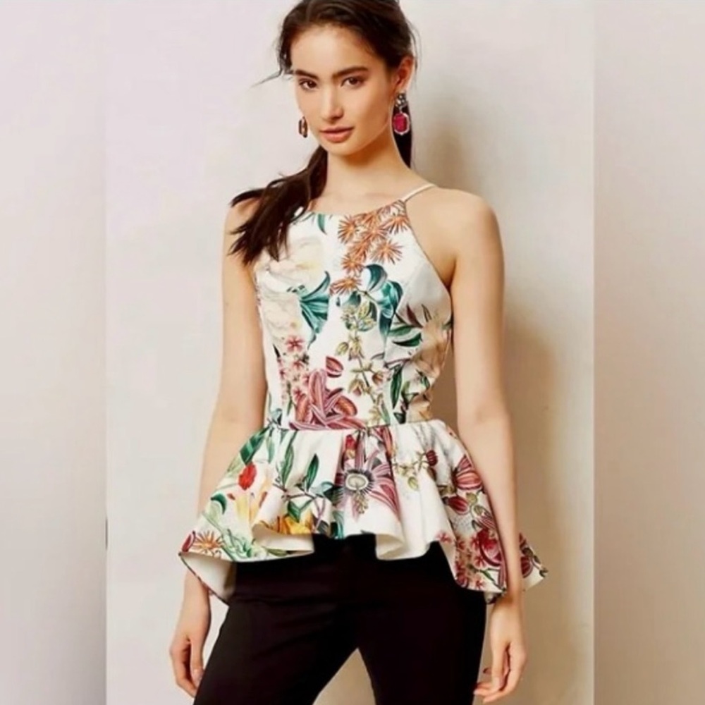 Anthropology Cameo Peplum Blouse in White with Artistic Floral Design